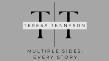 Teresa Tennyson with initials plus tagline multiple sides every story